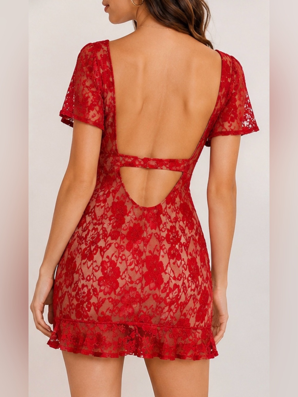 Solemio lace cut out back mini dress womens valentines M NWOT US Red or Cream